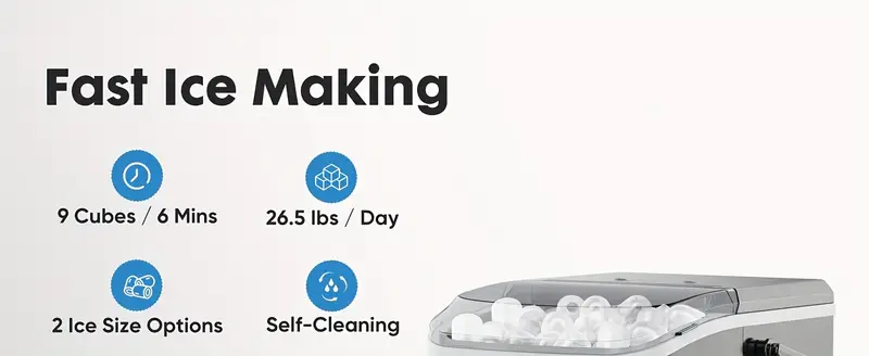 Máquina de hielo de encimera, fabricador de hielo portátil de nugget, 9 cubitos de hielo en forma de en 6 minutos, 26.5 libras en 24 , autolimpieza con asa, cesta, pala para casa, cocina/fiesta/camping/RV detalles 6