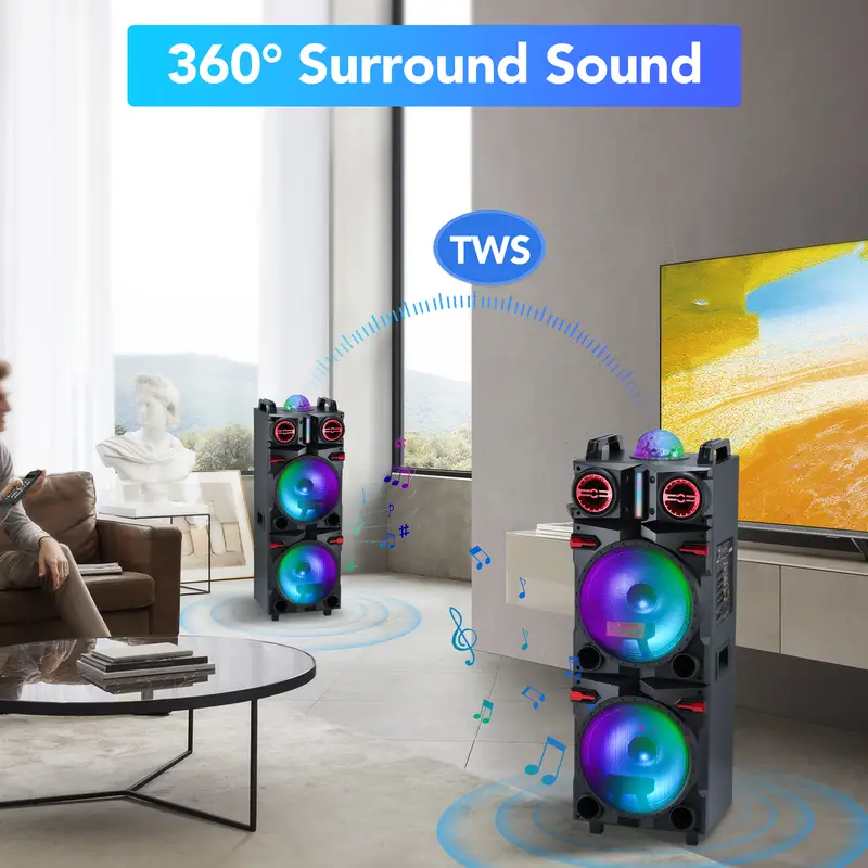 sound wireless portable party speaker with dual 10 inch subwoofer dj sound stereo loud bass karaoke machine with sound reactive party lights usb sd input and telescopic pull rod remote control details 3