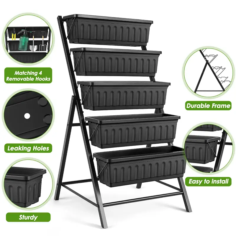 Caja de plantaci��n de jard��n elevada de 5 capas  , jard��n vertical de 4 pies para terraza y  , caja de plantaci��n de hierbas y flores independientes, simulaci��n de jard��n verde con plantas de flores y hierbas detalles 3