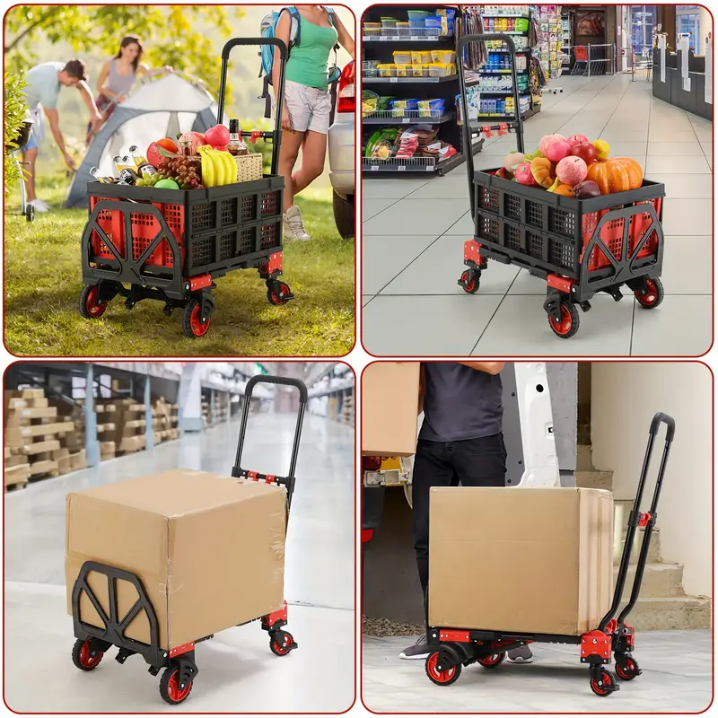 2 in 1 hand truck dolly with 22 folding basket heavy duty 330lbs platform cart dolly collapsible utility luggage   w retractable handle 360 dual 5 wheels 2 elastic ropes details 0