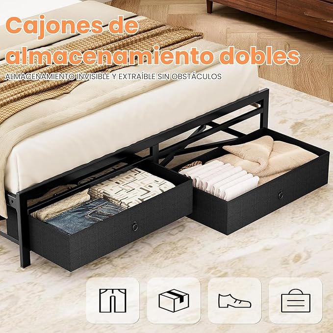 FABATO Base Cama Matrimonial - Cabecera con 4 Cajones y Espacio Debajo de la Cama - 2 Salidas de CA y 1 USB, 1 Tipo C - Plataforma de Metal Antideslizante sin Ruido