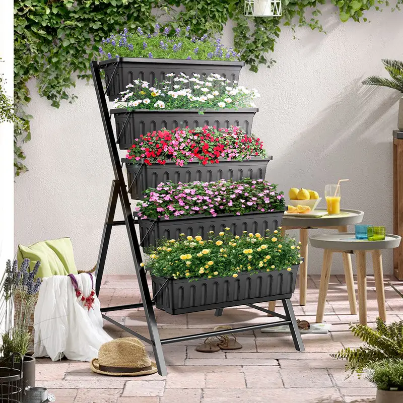 Caja de plantaci��n de jard��n elevada de 5 capas  , jard��n vertical de 4 pies para terraza y  , caja de plantaci��n de hierbas y flores independientes, simulaci��n de jard��n verde con plantas de flores y hierbas detalles 6