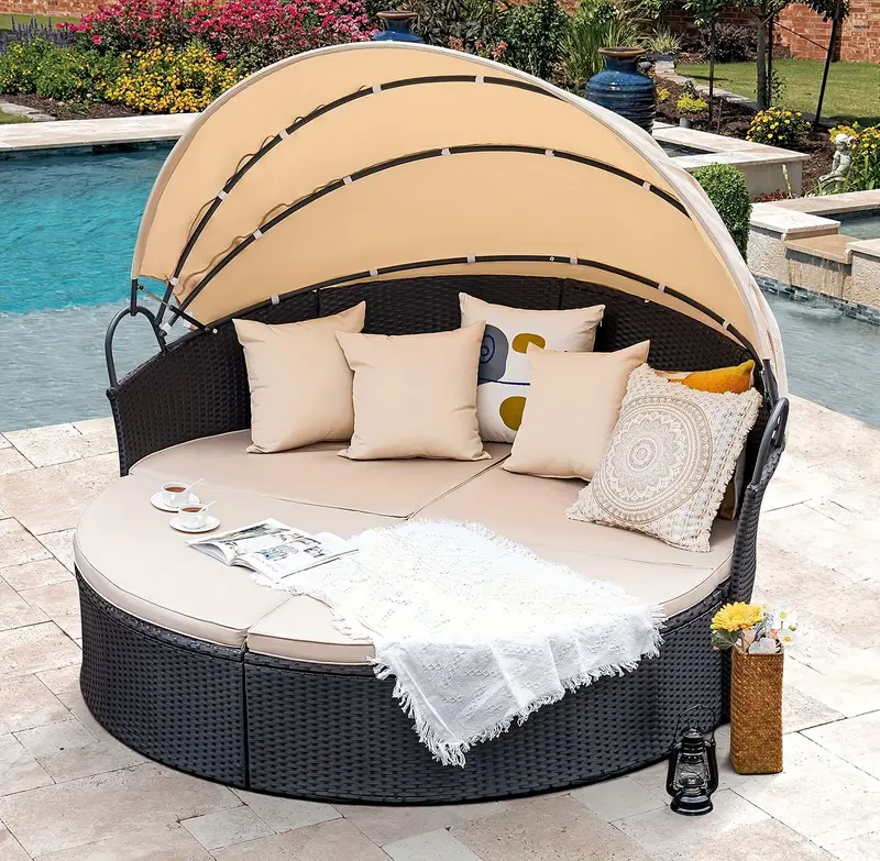 1pc patio sectional rattan daybed with retractable canopy outdoor round sofa bed for backyard and garden black beige details 1