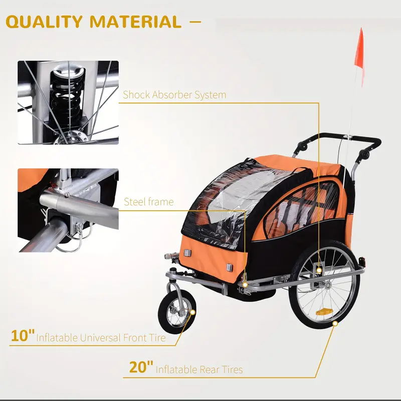   elite 360 swivel bike trailer for kids double child two wheel bicycle cargo trailer with 2 security harnesses orange details 4