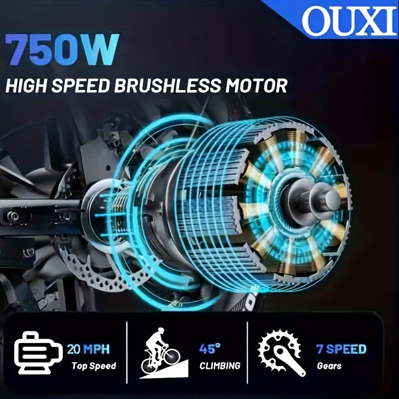Bicicleta eléctrica, bicicleta eléctrica de montaña V8 con motor de 750 W, batería extraíble más de 15 Ah, 20 MPH, neumático de 20, bicicleta eléctrica Shi-Mano de 7 velocidades para adultos, bicicleta eléctrica de cross, bicicleta eléctrica de montaña, bicicleta eléctrica para adultos, negra detalles 8