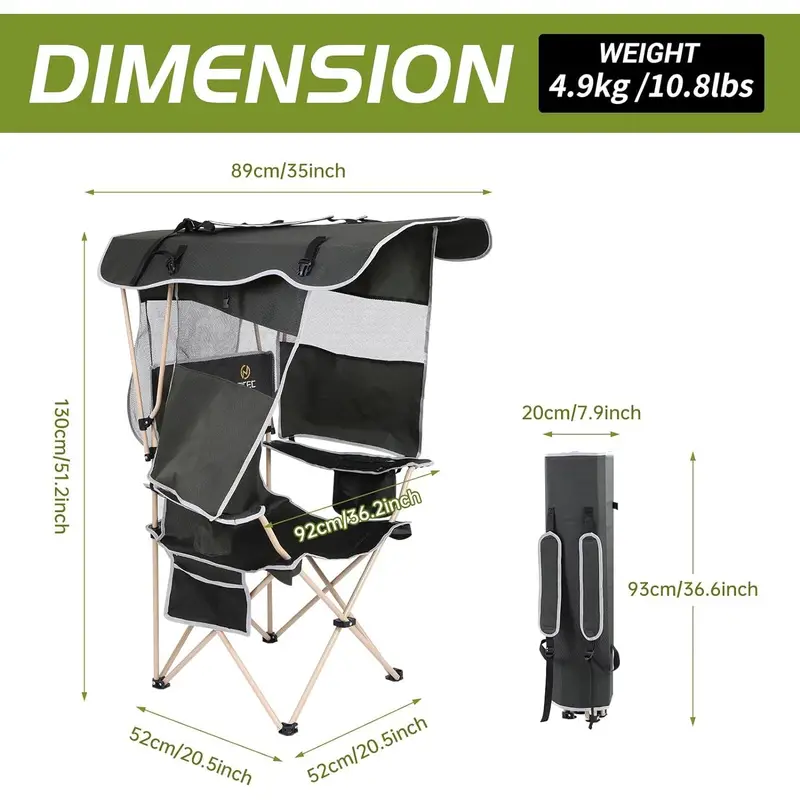 Silla de Camping con Carpa de Sombra, Asiento  , Bolsillo Lateral, Porta Vasos y Sombra Desmontable para   en   detalles 1