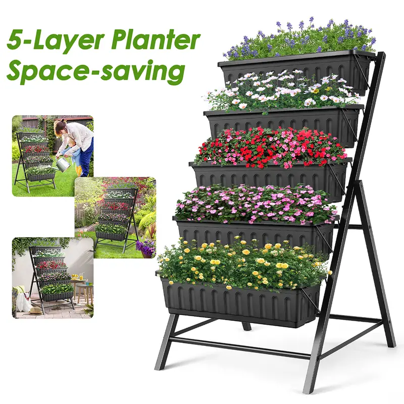 Caja de plantaci��n de jard��n elevada de 5 capas  , jard��n vertical de 4 pies para terraza y  , caja de plantaci��n de hierbas y flores independientes, simulaci��n de jard��n verde con plantas de flores y hierbas detalles 2