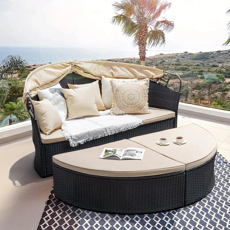 1pc patio sectional rattan daybed with retractable canopy outdoor round sofa bed for backyard and garden black beige details 2