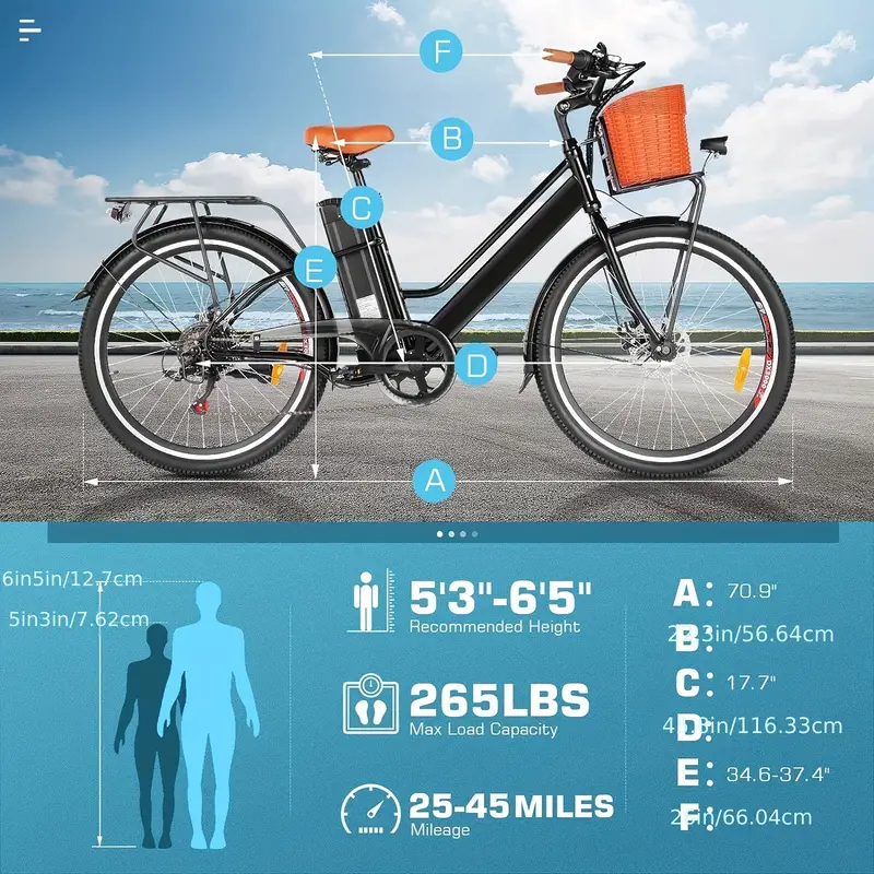 Bicicleta eléctrica de 26 para adultos, Pico 750W Bicicleta eléctrica de ciudad con marco bajo y batería de 48V/374Wh, 50 millas de autonomía, bicicleta eléctrica de paso con cesta para desplazamientos diarios detalles 3