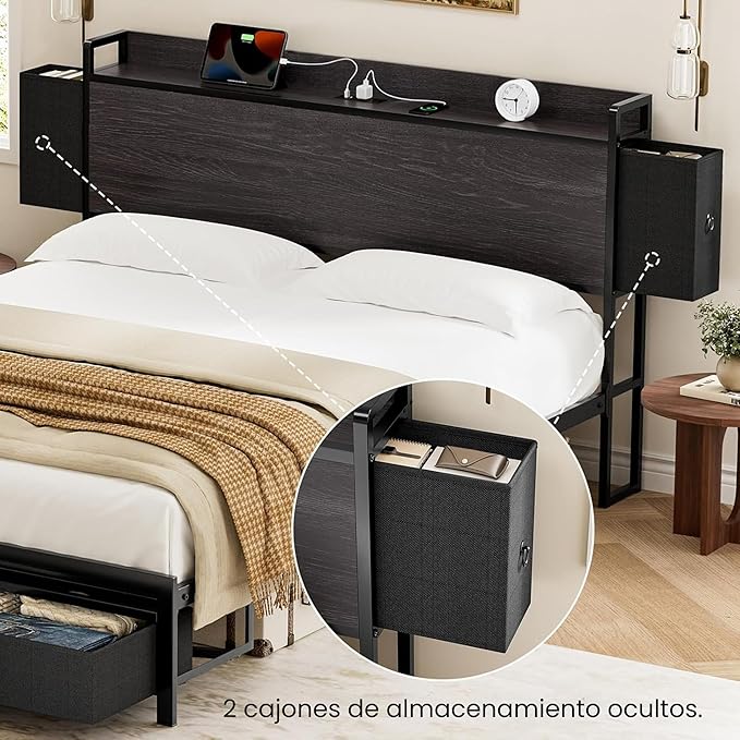 FABATO Base Cama Matrimonial - Cabecera con 4 Cajones y Espacio Debajo de la Cama - 2 Salidas de CA y 1 USB, 1 Tipo C - Plataforma de Metal Antideslizante sin Ruido