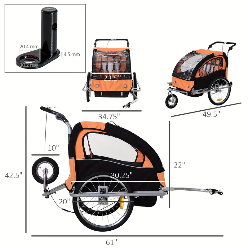   elite 360 swivel bike trailer for kids double child two wheel bicycle cargo trailer with 2 security harnesses orange details 0