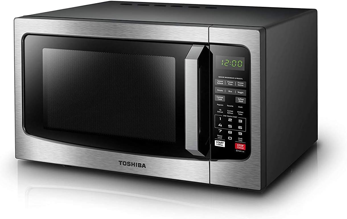 TOSHIBA EM131A5C-BS Countertop Microwave Ovens 1.2 Cu Ft, 12.4" Removable Turntable Smart Humidity Sensor 12 Auto Menus Mute Function ECO Mode Easy Clean Interior Black Color 1100W