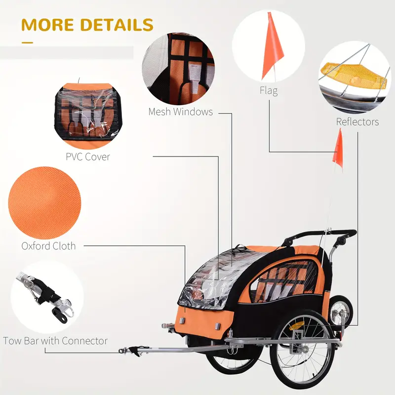   elite 360 swivel bike trailer for kids double child two wheel bicycle cargo trailer with 2 security harnesses orange details 2