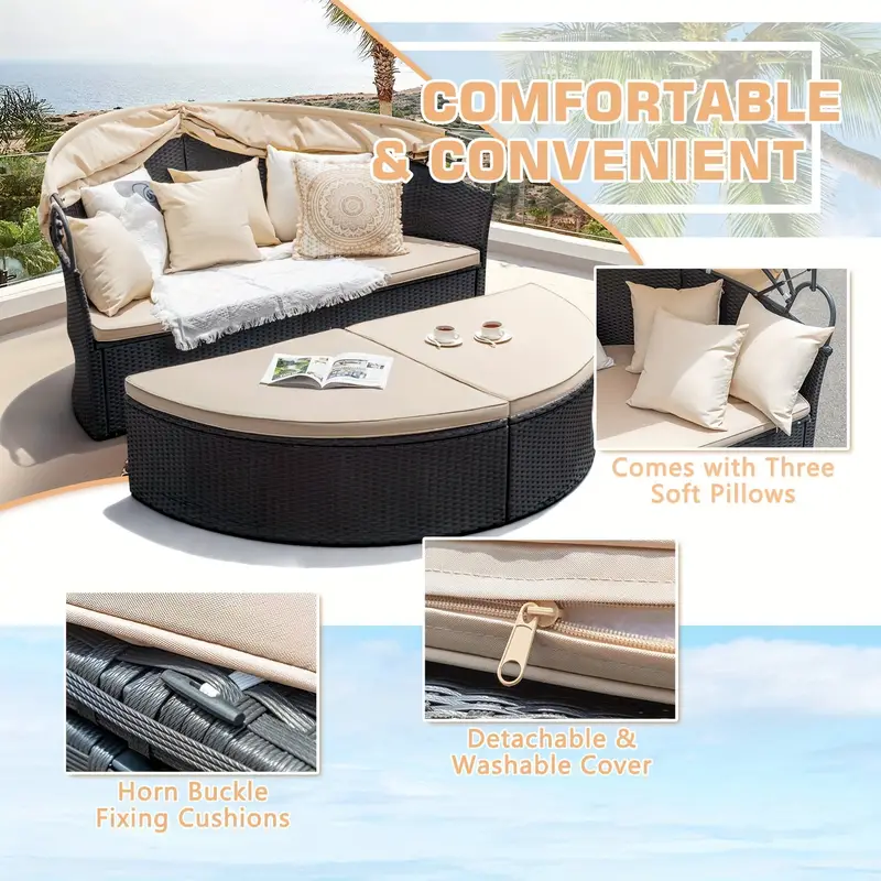 1pc patio sectional rattan daybed with retractable canopy outdoor round sofa bed for backyard and garden black beige details 0