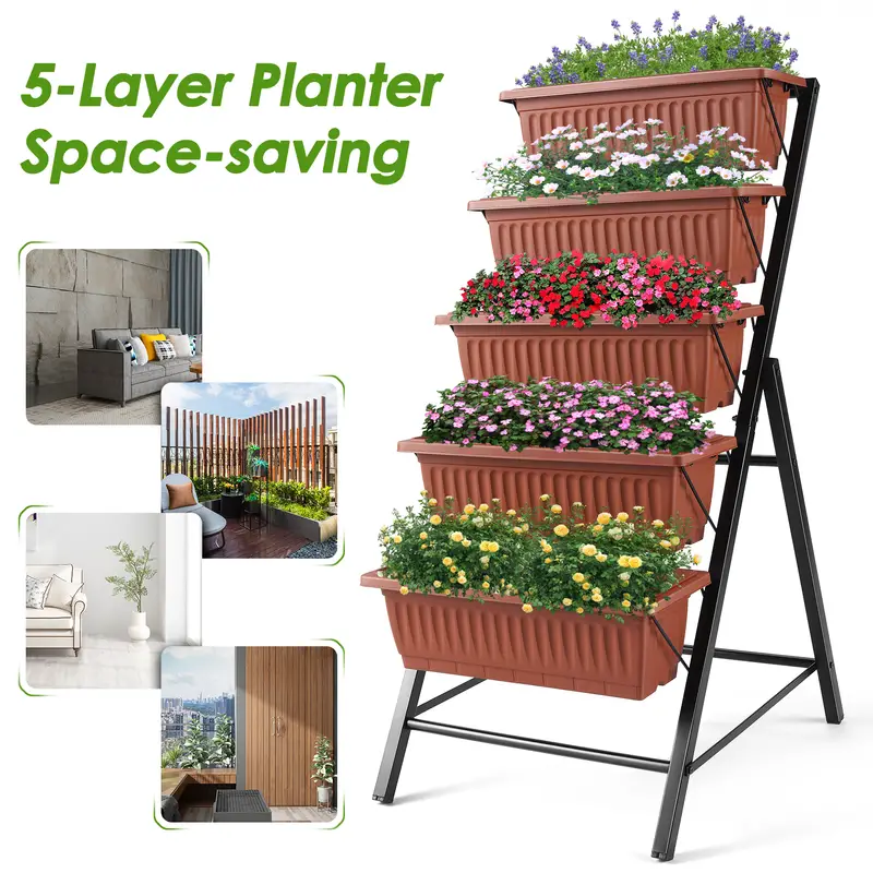 Caja de plantaci��n de jard��n elevada de 5 capas  , jard��n vertical de 4 pies para terraza y  , caja de plantaci��n de hierbas y flores independientes, simulaci��n de jard��n verde con plantas de flores y hierbas detalles 9