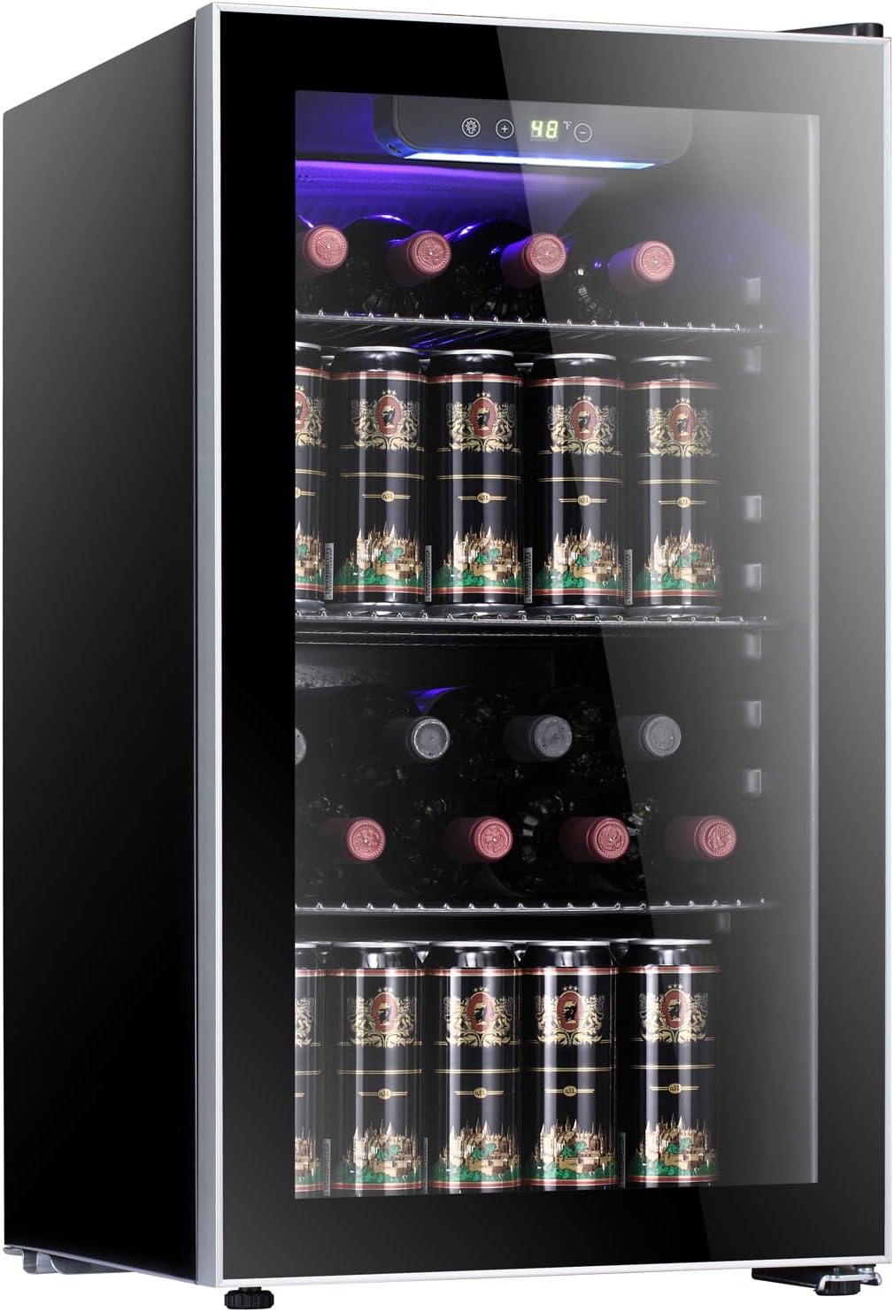 Arctic Star 26 botellas 130 latas enfriador de vino/gabinete refrigerador de bebidas mini bodega cerveza refresco puerta de vidrio transparente barra refrigerador compresor silencioso ajustar temperatura independiente uso interior 3.2 pies cúbicos negro..