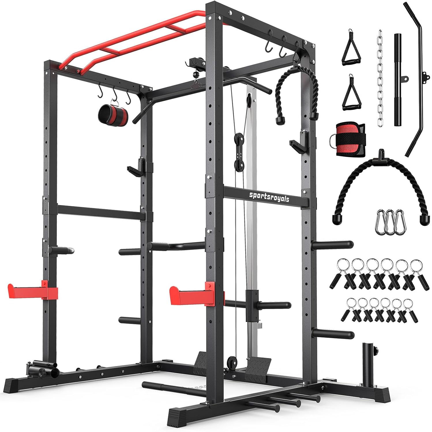 Sportsroyals Power Rack, jaula de potencia multifuncional con sistema de polea desplegable LAT, estante para sentadillas con más accesorios de entrenamiento para gimnasio en casa (rojo), capacidad de peso de 1200 libras