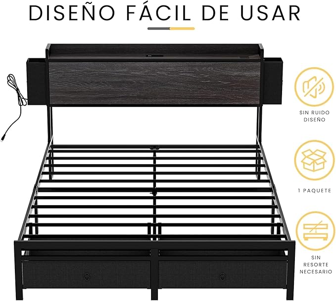 FABATO Base Cama Matrimonial - Cabecera con 4 Cajones y Espacio Debajo de la Cama - 2 Salidas de CA y 1 USB, 1 Tipo C - Plataforma de Metal Antideslizante sin Ruido