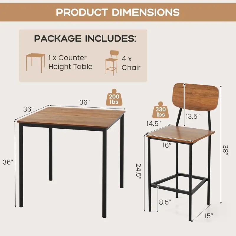 Juego de mesa de comedor   de 5 piezas con mesa   de barra y 4 taburetes, juego de mesa de cocina industrial con reposabrazos y respaldo, juego de comedor econ��mico  , sala de comedor y restaurante detalles 15