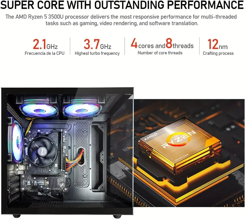 PC para juegos 3 3300U Procesador de cuatro hasta 3.5GHz 16GB DDR4 512GB , Gráficos 6, Escritorio detalles 3