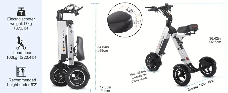 ES35 Scooter de movilidad eléctrico de 3 ruedas Triciclo plegable con asiento para adultos, Scooter eléctrico ligero con batería extraíble de 36 V 7.8 AH, función de marcha atrás e interruptor de llave para viajes y desplazamientos. detalles 8