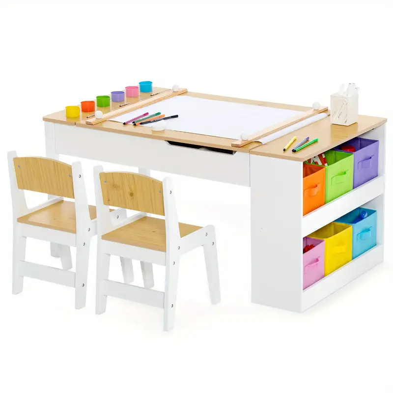 lifezeal 2 in 1 kids wooden art table and art easel set w chairs paper roll storage bins details 0