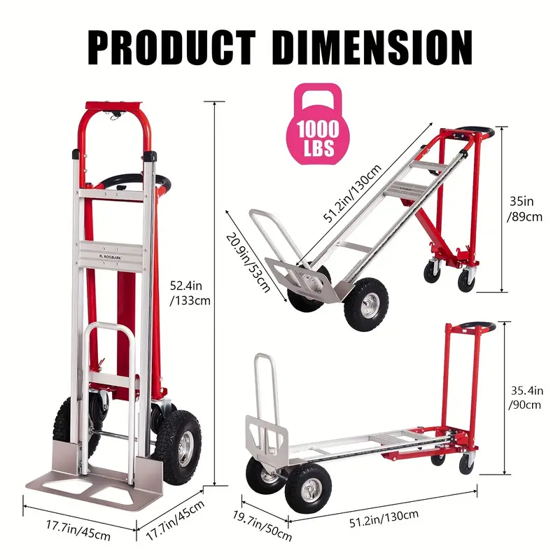 Carro industrial plegable de alta resistencia con capacidad de 1000 libras, diseño 3 en 1, con 4 ruedas, plataforma plegable, carretilla de mano de aluminio para mudanzas en almacenes, supermercados, jardines. detalles 5