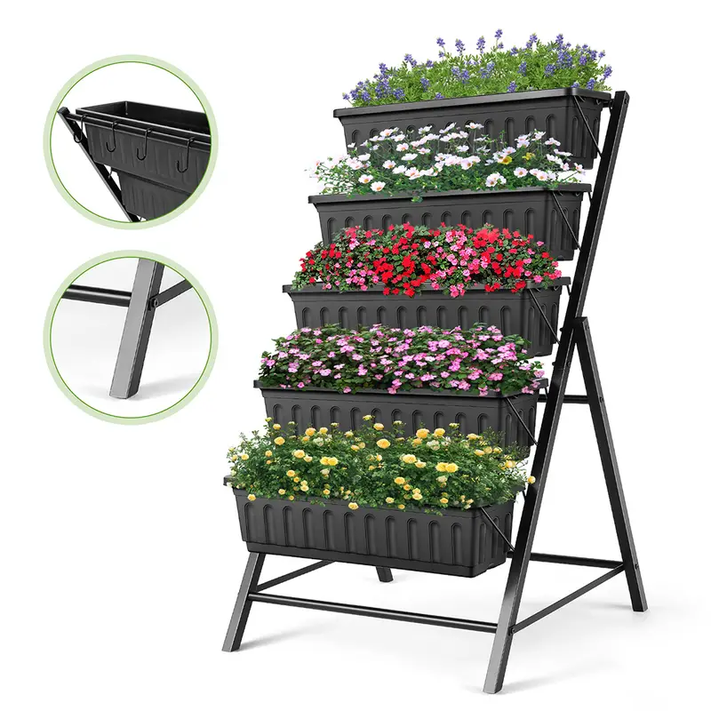 Caja de plantaci��n de jard��n elevada de 5 capas  , jard��n vertical de 4 pies para terraza y  , caja de plantaci��n de hierbas y flores independientes, simulaci��n de jard��n verde con plantas de flores y hierbas detalles 0