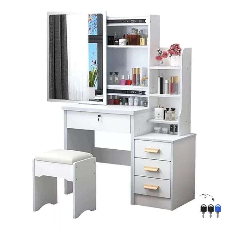 Tocador Multifuncional Moderno Con Espejo, Silla Y 4 Cajones