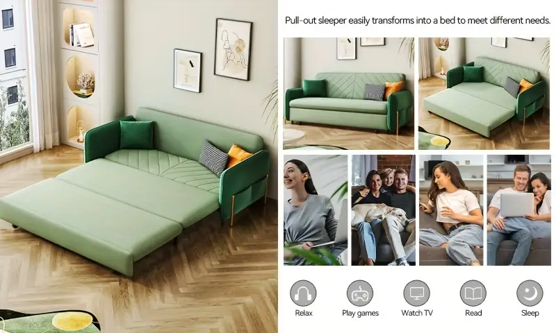 1pc 53 5 inch full sleeper sofa green upholstery convertible sofa bed 3 in 1 sofa bed small tufted velvet convertible loveseat futon sofa with pull out living room multiple pockets details 0