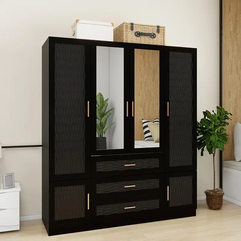 Armario de madera con 4 puertas, barras para colgar, 3 cajones, 2 estantes con espejo, gabinete de almacenamiento de ropa para dormitorio, 61.42 W X 19.69 D X 70.87 H detalles 1