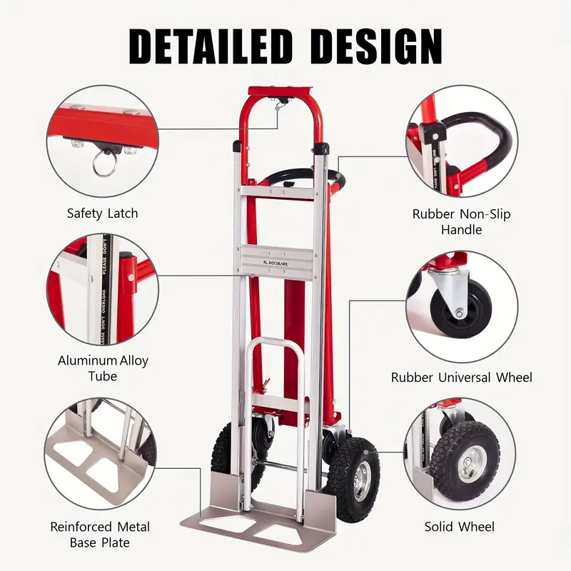 Carro industrial plegable de alta resistencia con capacidad de 1000 libras, diseño 3 en 1, con 4 ruedas, plataforma plegable, carretilla de mano de aluminio para mudanzas en almacenes, supermercados, jardines. detalles 4