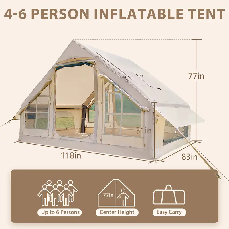 Coche de campa?a inflable con bomba - Tiendas de glamping de aire, f��cil de montar, tienda inflable impermeable de Oxford, tienda de cabina de 4-6 personas con ventana de chimenea y malla detalles 3