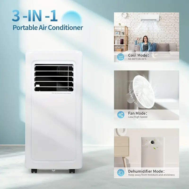 versatile 8000 btu portable air conditioning unit for rooms up to 350 sq ft features cooling dehumidifying and fan modes includes installation kit and remote control white details 3