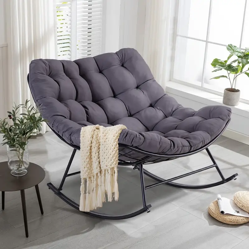 Silla mecedora Papasan para patio, silla reclinable para lectura de huevos para exteriores e interiores, sillón mecedora de salón real de gran tamaño con cojín y para dormitorio, , , y detalles 1