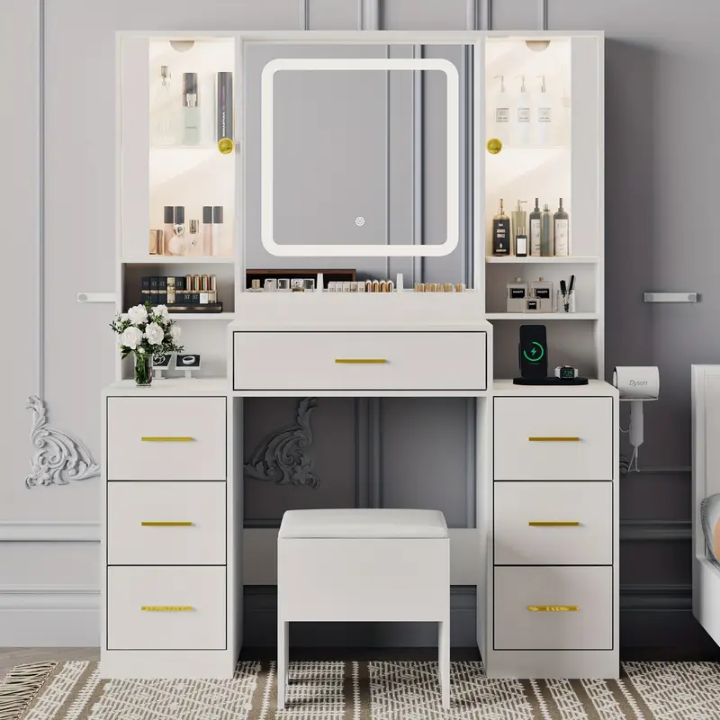 espejo de tocador con luces escritorio con silla y gabinete de vidrio led, tocador con espejo y toma de corriente, tocador con 7 cajones detalles 6