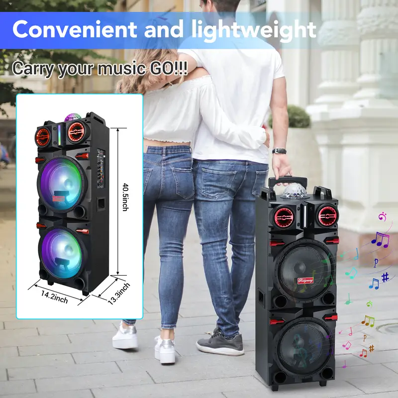 sound wireless portable party speaker with dual 10 inch subwoofer dj sound stereo loud bass karaoke machine with sound reactive party lights usb sd input and telescopic pull rod remote control details 4