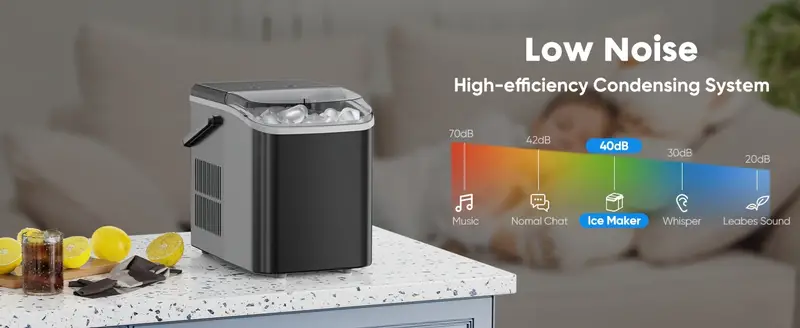 Máquina de hielo de encimera, fabricador de hielo portátil de nugget, 9 cubitos de hielo en forma de en 6 minutos, 26.5 libras en 24 , autolimpieza con asa, cesta, pala para casa, cocina/fiesta/camping/RV detalles 1