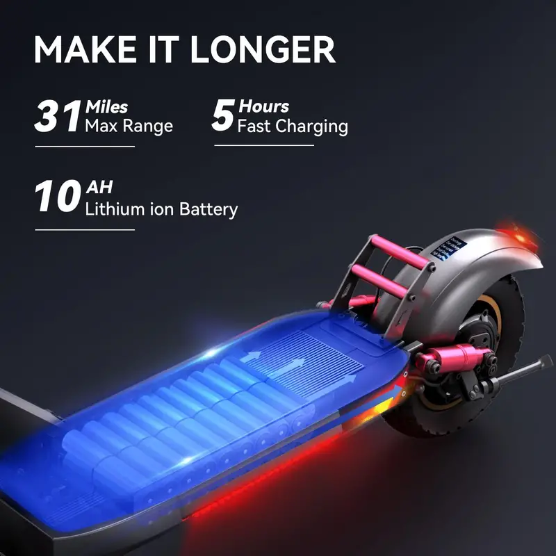 Neumáticos neumáticos de 10 pulgadas, suspensión dual, scooter eléctrico, batería de larga duración, velocidad de 20 millas por , con asiento, motor de , alcance de 31 millas. detalles 5