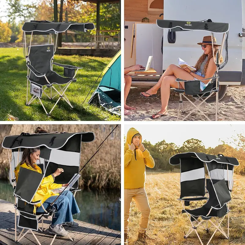 Silla de Camping con Carpa de Sombra, Asiento  , Bolsillo Lateral, Porta Vasos y Sombra Desmontable para   en   detalles 3