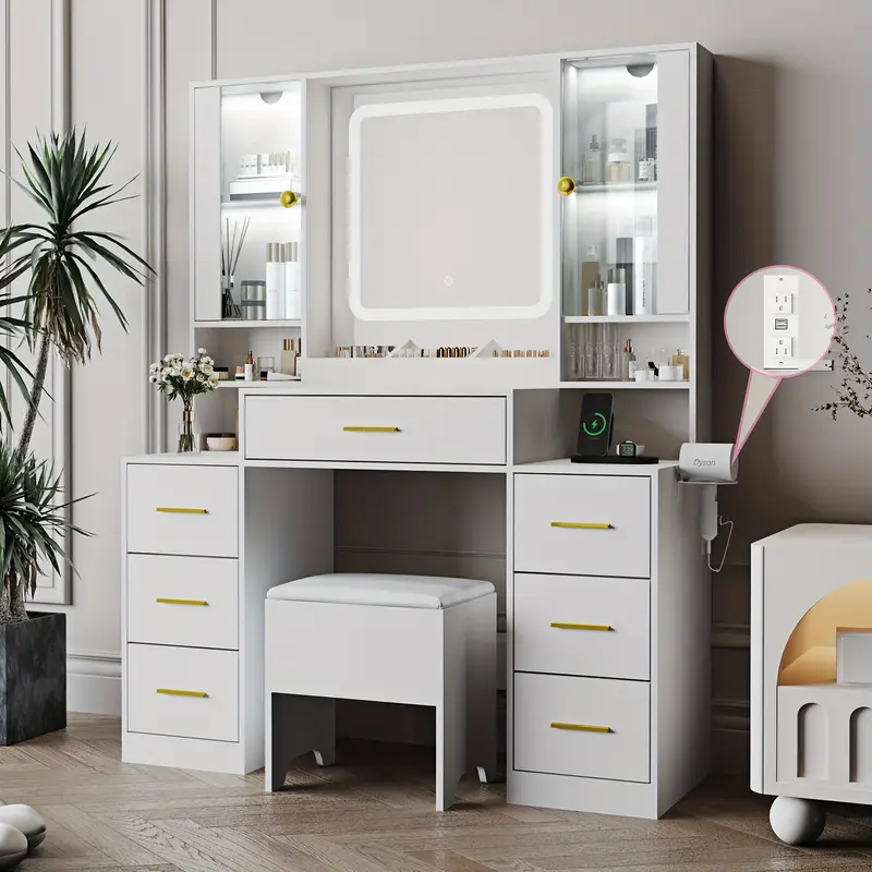 espejo de tocador con luces escritorio con silla y gabinete de vidrio led, tocador con espejo y toma de corriente, tocador con 7 cajones detalles 8