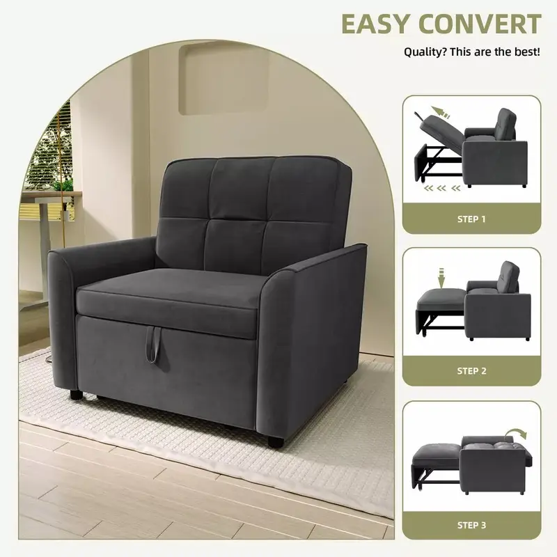 3- en- 1 sofá convertible con respaldo acolchado de botones, cama ajustable pull- out detalles 2