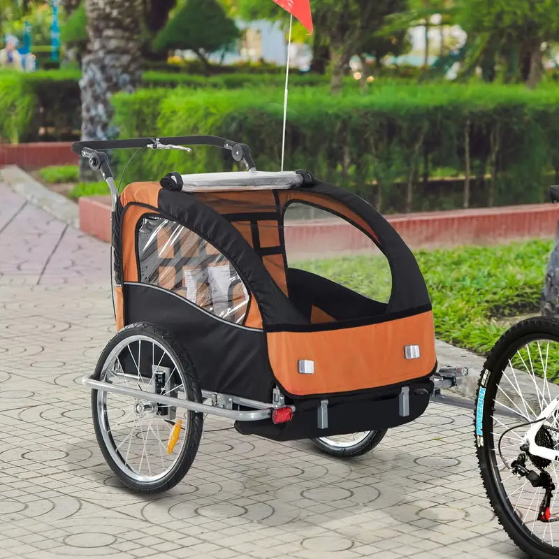   elite 360 swivel bike trailer for kids double child two wheel bicycle cargo trailer with 2 security harnesses orange details 1