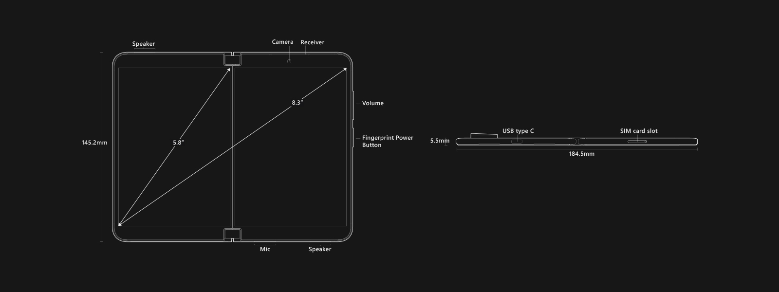 Surface Duo 2 示意图，包括尺寸、端口、按钮位置等�? width=