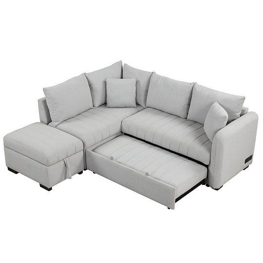 Sofá cama seccional extraíble en forma de L de 82,6 pulgadas con dos puertos USB, dos tomas de corriente y una otomana de almacenamiento móvil, color gris