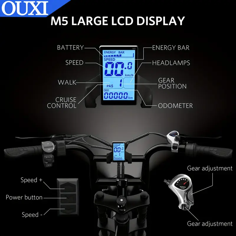 Bicicleta eléctrica, bicicleta eléctrica de montaña V8 con motor de 750 W, batería extraíble más de 15 Ah, 20 MPH, neumático de 20, bicicleta eléctrica Shi-Mano de 7 velocidades para adultos, bicicleta eléctrica de cross, bicicleta eléctrica de montaña, bicicleta eléctrica para adultos, negra detalles 7