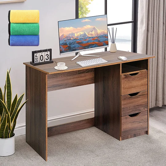 Mesa de Estudio de Escritura Multipropósito para Computadora con 3 Cajones de Guía Deslizantes Laterales Diseño Minimalista Moderno Escritorio de Oficina de Madera Haya-toalla