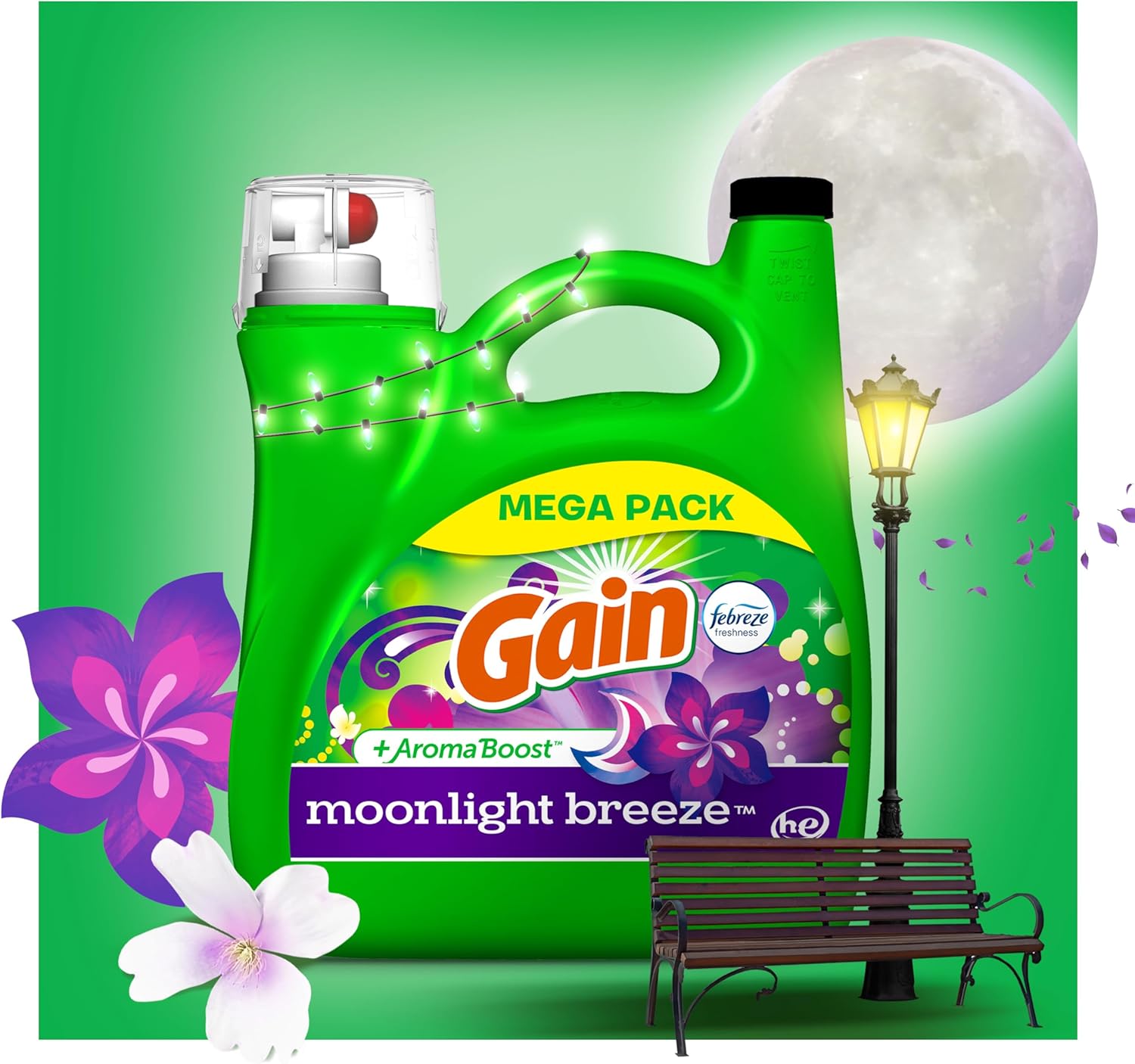 Detergente líquido para ropa Gain + Aroma Boost, aroma a brisa de luna, 107 cargas, 154 onzas líquidas, compatible con alta eficiencia (HE) con Febreze y Oxi (125)