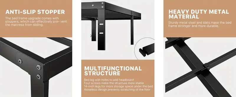 Base de cama - Estructura de cama de plataforma de 4 tamaños Base de colchón de metal con soporte de listones de acero, no se necesita somier, espacio de almacenamiento debajo del marco, fácil montaje, negro detalles 3
