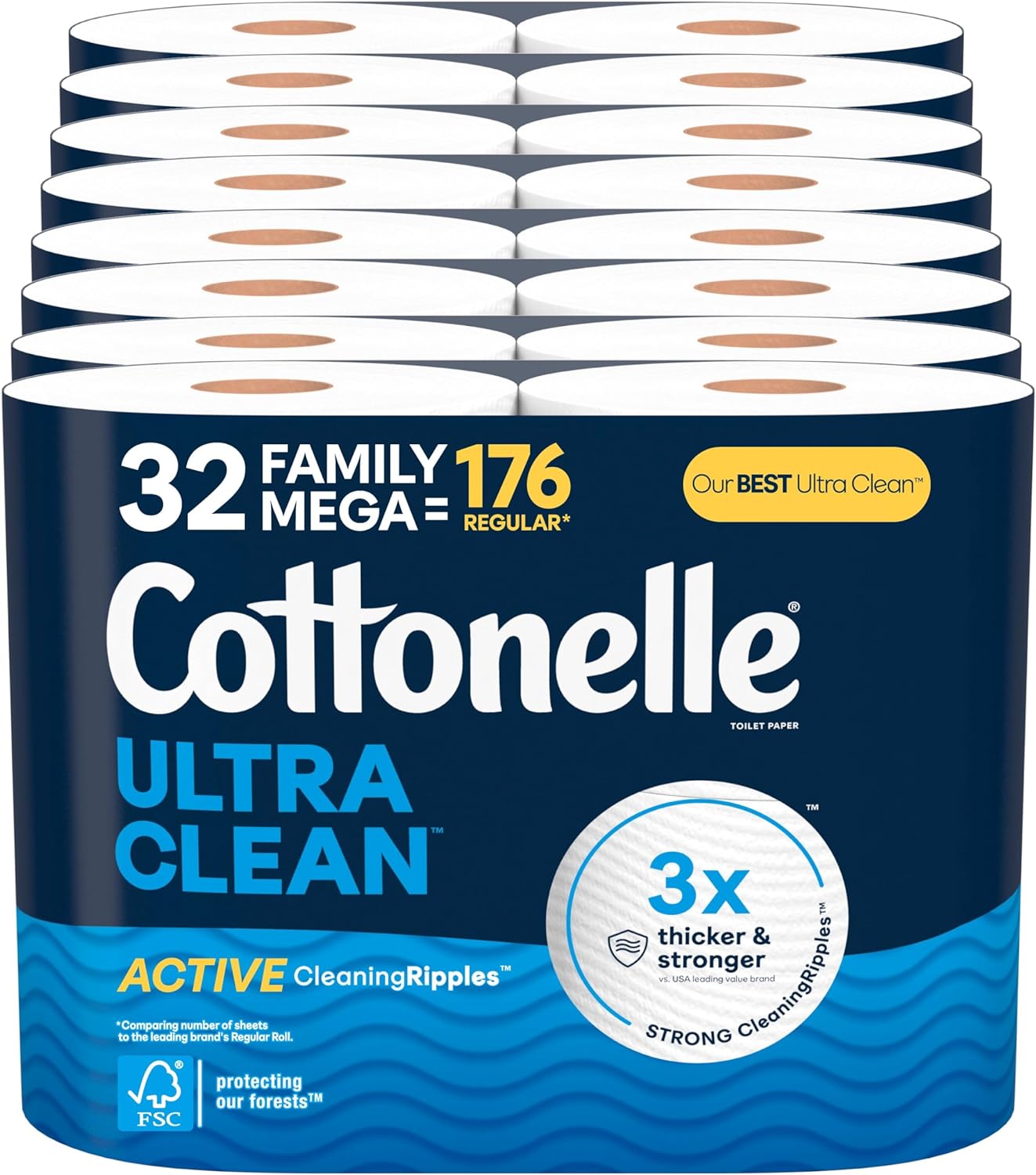 Papel higiénico Cottonelle Ultra Clean con textura ondulada y limpieza activa, 24 rollos grandes familiares (132 rollos regulares) (4 paquetes de 6), 353 hojas por rollo. El empaque puede variar.